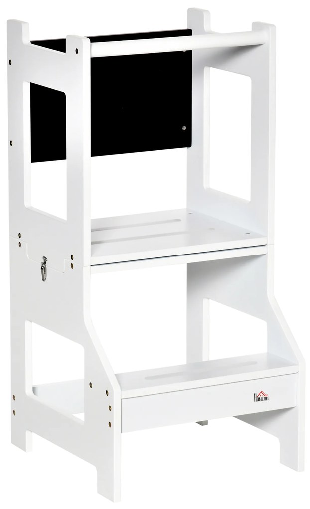 HOMCOM Torre de Aprendizagem para Crianças 3-6 Anos de Madeira Torre de Aprendizagem Infantil Convertível em Secretária com Ardósia e Barra de Segurança para Casa de Banho Cozinha 42x44x86cm Branco