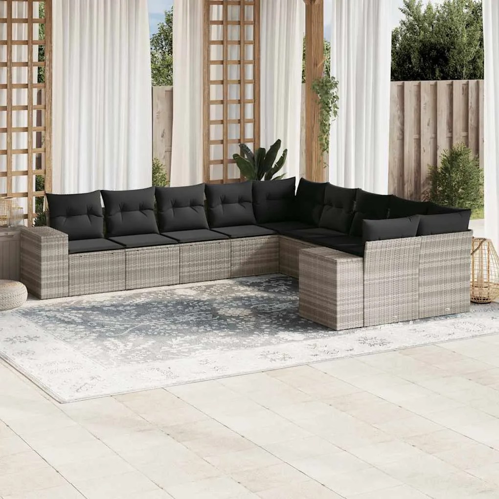 vidaXL 10 pcs conj. sofás jardim com almofadões vime PE cinzento-claro