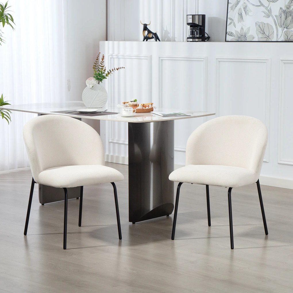 Conjunto de 2 cadeiras de jantar em veludo canelado, cadeiras de cozinha com pés em aço, 56 x 58 x 78 cm, creme