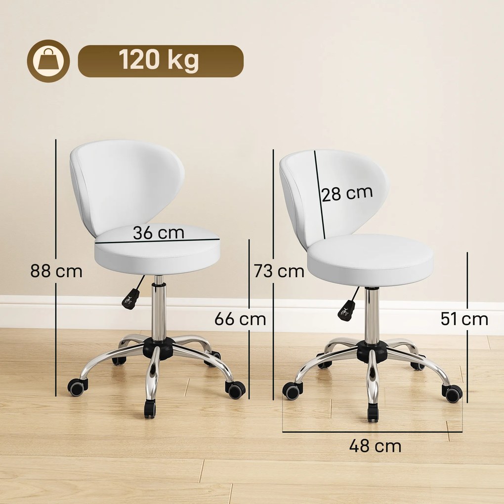 Banco com rodas trabalho em PU com altura ajustável entre 73 e 88 cm e encosto, giratório a 360°, branco