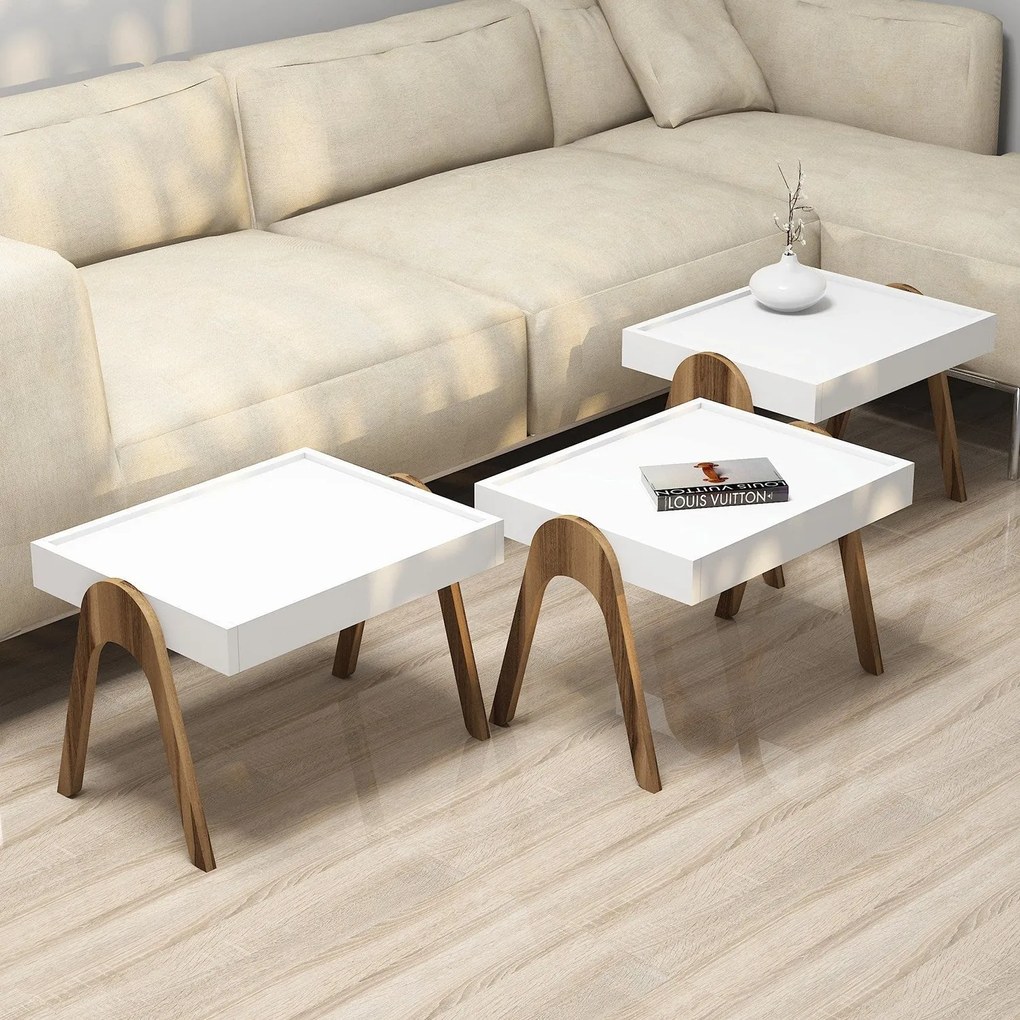 Conjunto de Mesas Roma – Nogueira e Branco – 53,6x64x40 cm (3 Peças)