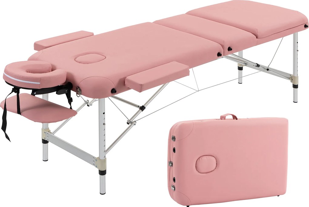 HOMCOM Marquesa de Massagem Dobrável em Alumínio com Altura Ajustável, Apoio de Cabeça e Estrutura Estável, Rosa | Aosom Portugal