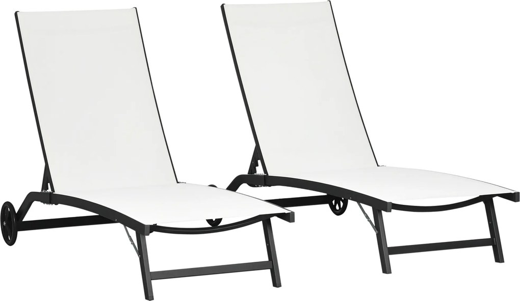 Outsunny Espreguiçadeiras Exterior 2 Peças Encosto Ajustável 5 Posições com Rodas Praia Piscina Jardim 165x66x102cm Branco e Preto | Aosom Portugal