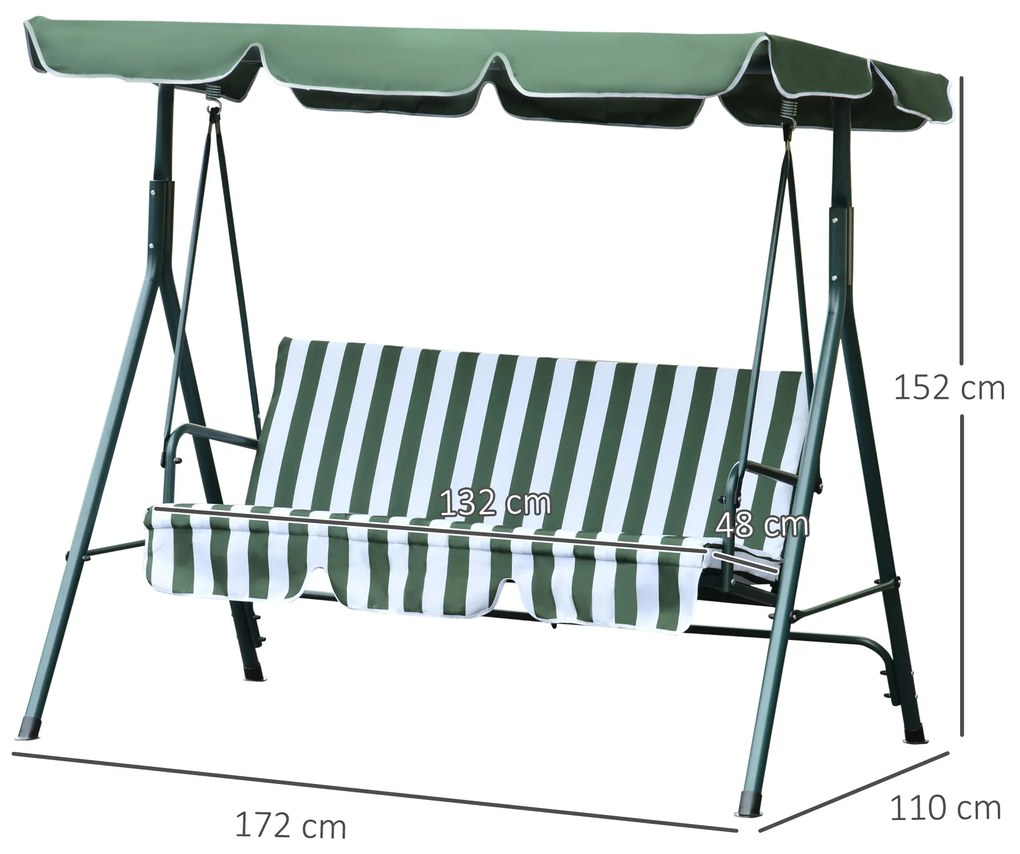Outsunny Baloiço de Jardim de 3 Lugares com Almofada Toldo Ajustável e Estrutura de Metal para Balcão Terraço Patio Carga Máx. 200kg 172x110x153cm Verde e Branco