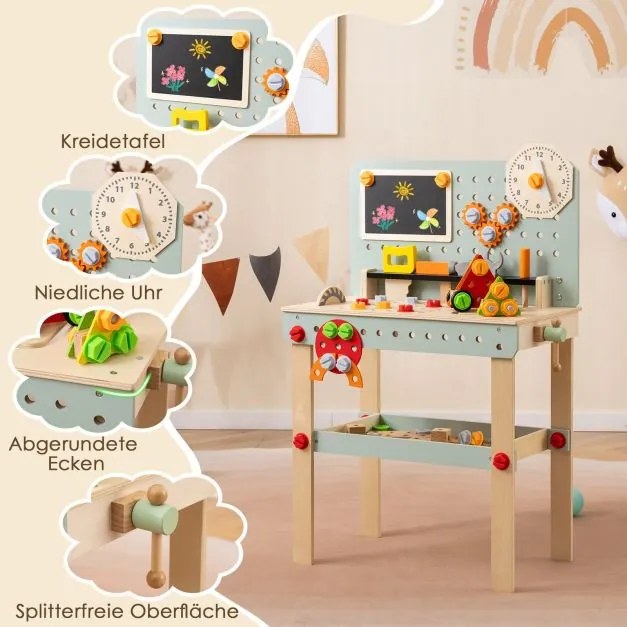 Bancada de trabalho infantil em madeira com quadro negro e conjunto de ferramentas, bancada de ferramentas para crianças com acessórios e prateleira M