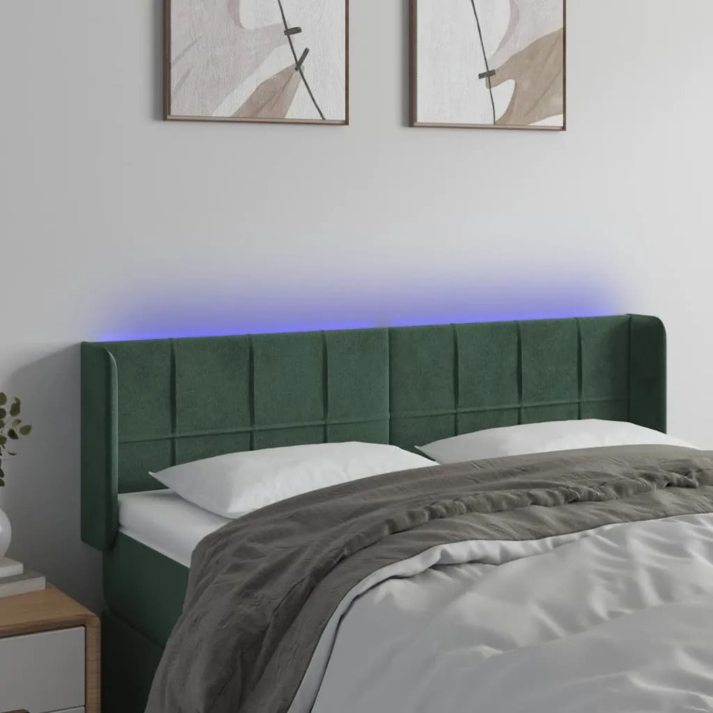 Cabeceira cama c/ luzes LED veludo 147x16x78/88 cm verde-escuro