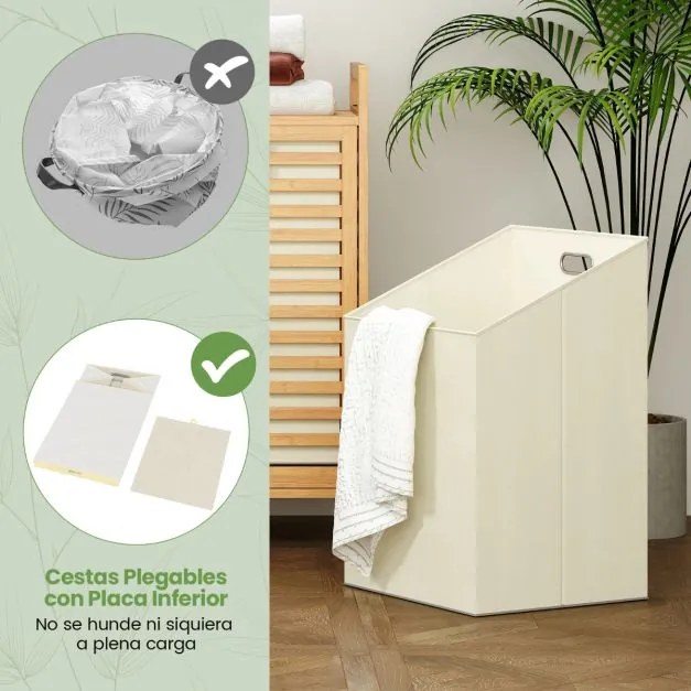 Cesto de roupa suja duplo 80 x 30 x 72 cm com abertura de bambu de 75 L com 2 cestos removíveis Natural