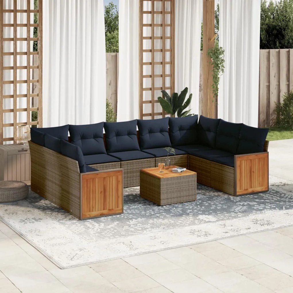 vidaXL 10 pcs conjunto sofás p/ jardim c/ almofadões vime PE cinzento