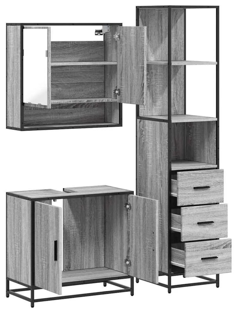 3 pcs Conjunto móveis casa de banho madeira proc. cinza sonoma