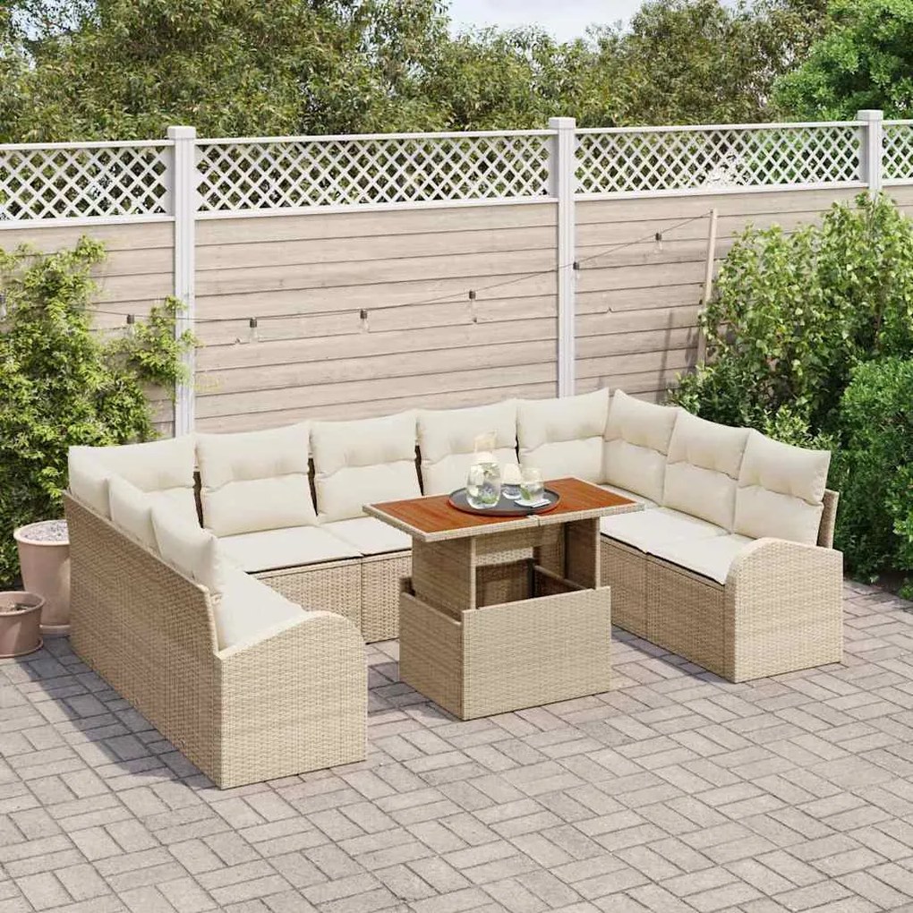 Conjunto de Sofás de Jardim 10 Peças com Almofadas Beiges em Rattan Si