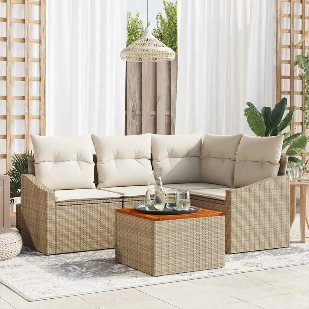 vidaXL Conjunto de Sofá de Jardim 5 Peças com Almofadas em Rattan Sintético Bege e Acácia