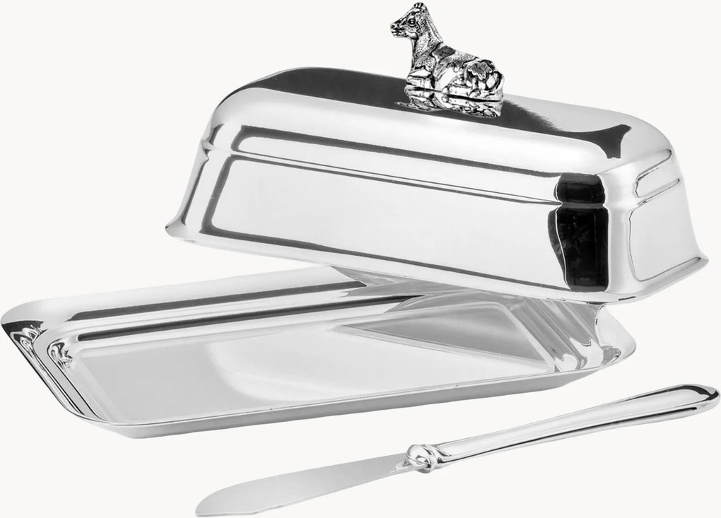 Manteigueira banhada a prata com faca Cow