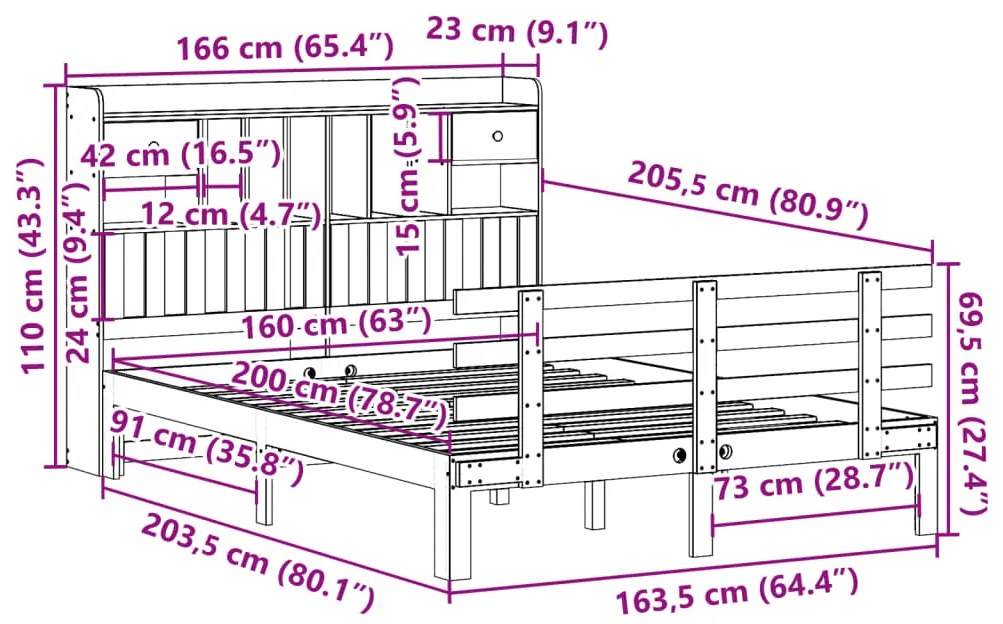 Cama com estante sem colchão 160x200 cm pinho maciço