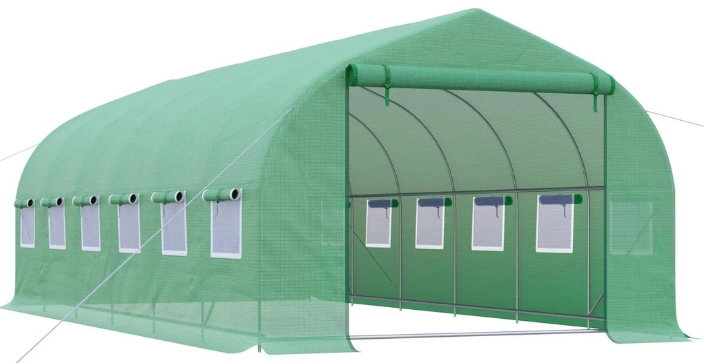 Outsunny Estufa Tipo Túnel 595x300x200cm Estufa de Jardim Grande com 12 Janelas e Porta Enrolável com Zíper para Cultivo de Plantas Verde