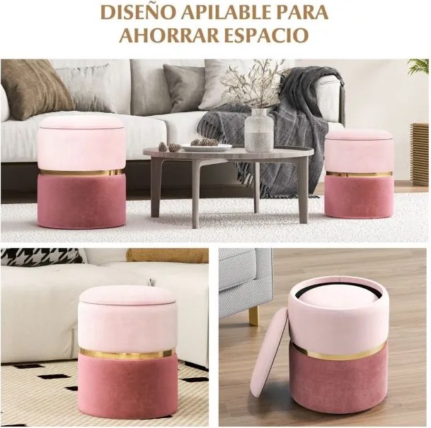 Conjunto de 2 Pufes redondos estofados com 32 L e 21 L de espaço de arrumação e assento almofadado com esponja Rosa