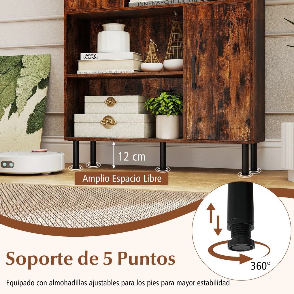 Armário, estante de arrumação 80 x 24 x 119,5 cm, compartimentos abertos, portas e pés em metal para casa, escritório e sala de estar - castanho Rústi