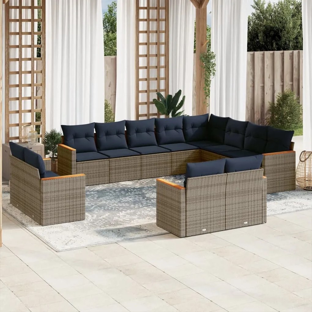 vidaXL 12 pcs conjunto sofás p/ jardim c/ almofadões vime PE cinzento