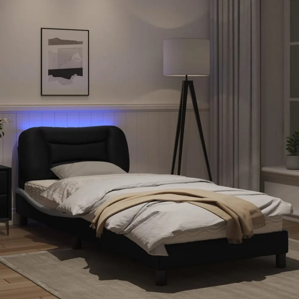 Estrutura cama c/ luz LED 90x190 cm couro artif. preto/branco