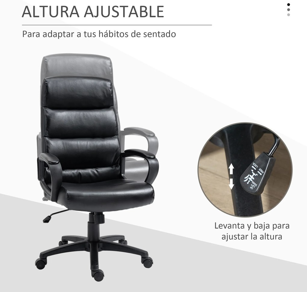 Vinsetto Cadeira de Escritório Giratória Cadeira de Escritório Ergonómica com Altura Ajustável Apoio para os Braços Alto Acolchoado de Couro Sintético 66x66x107-114cm Preto