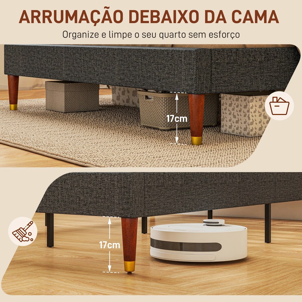 Cama 140x200 cm Estrutura de Cama com Cabeceira Estofada em Linho e Es