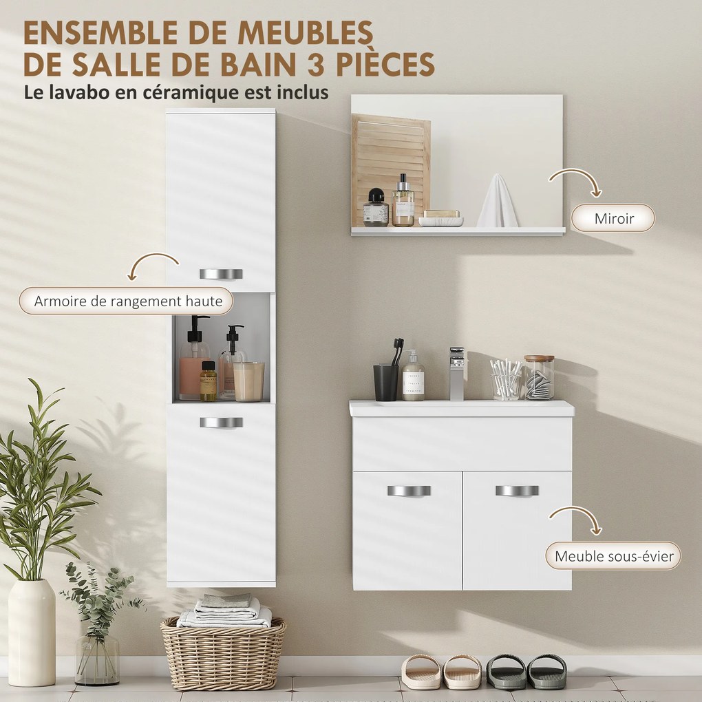 Conjunto de móveis de casa de banho de 4 peças, de parede, com espelho, móvel de lavatório, lavatório e armário alto, branco