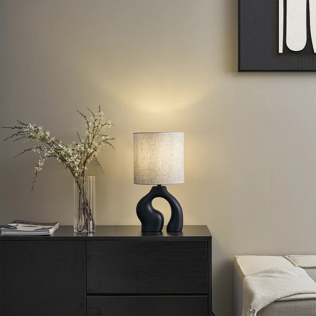 Candeeiro de Mesa Japandi Preto com Abajur de Linho - Dahlia