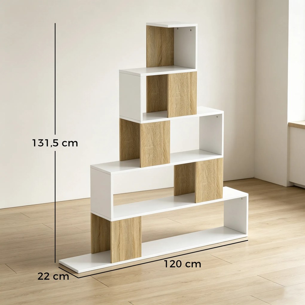 Estante de arrumação 120 x 22 x 131,5 cm, estante geométrica com 5 níveis, para escritório, sala de estar, quarto, em branco e madeira natural