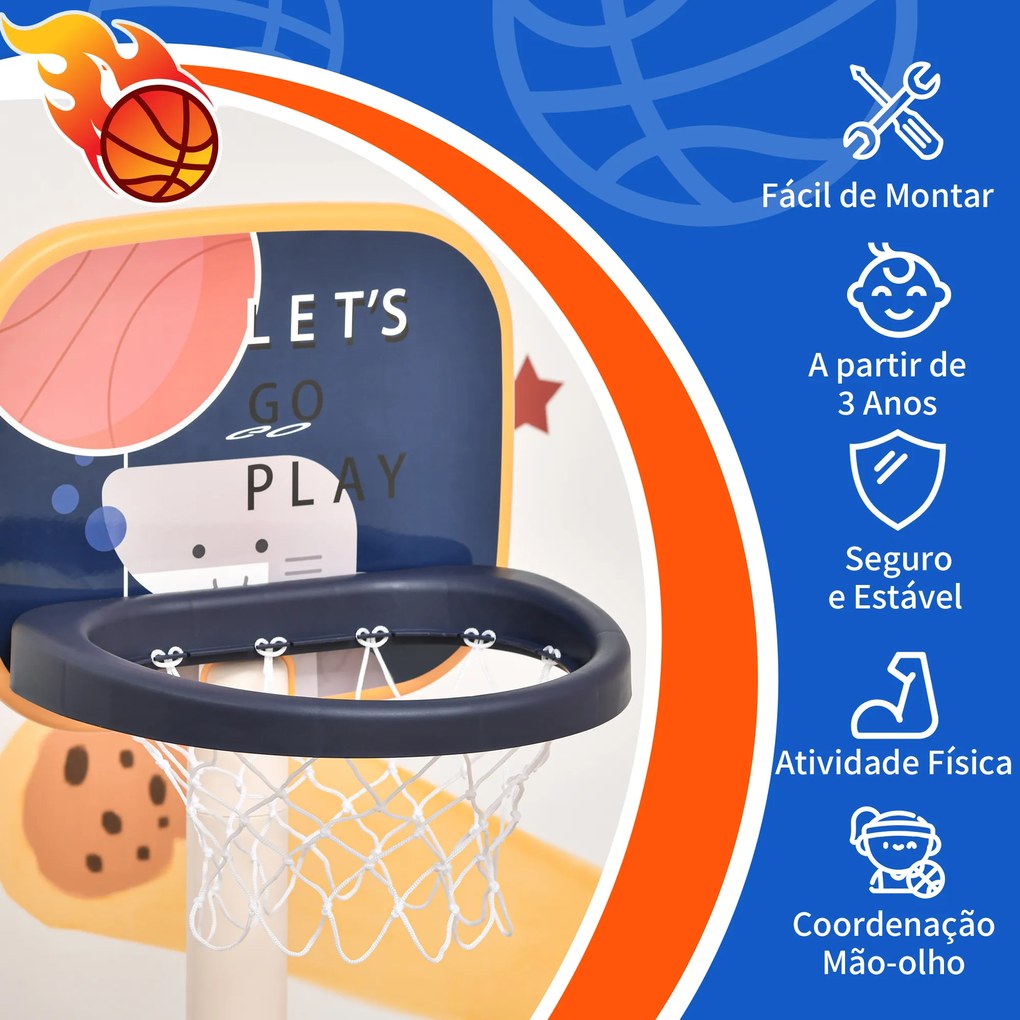 HOMCOM Tabela de Basquetebol Infantil 2 em 1 Tabela de Basquetebol Portátil com Jogo de Lançamento de Anéis e Altura Ajustável 96-110cm Acessórios Incluidos 58,5x56x137cm Azul e Branco