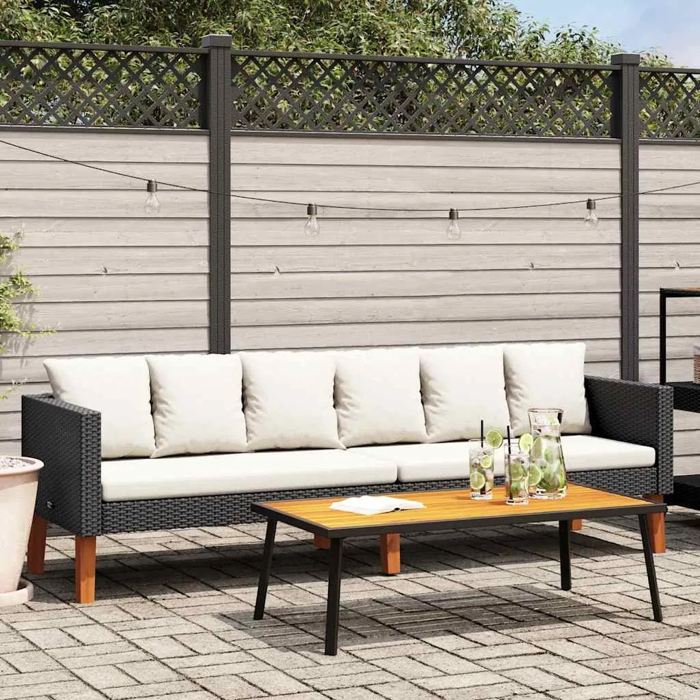 vidaXL Sofá de jardim 3 lugares com almofadões vime PE preto