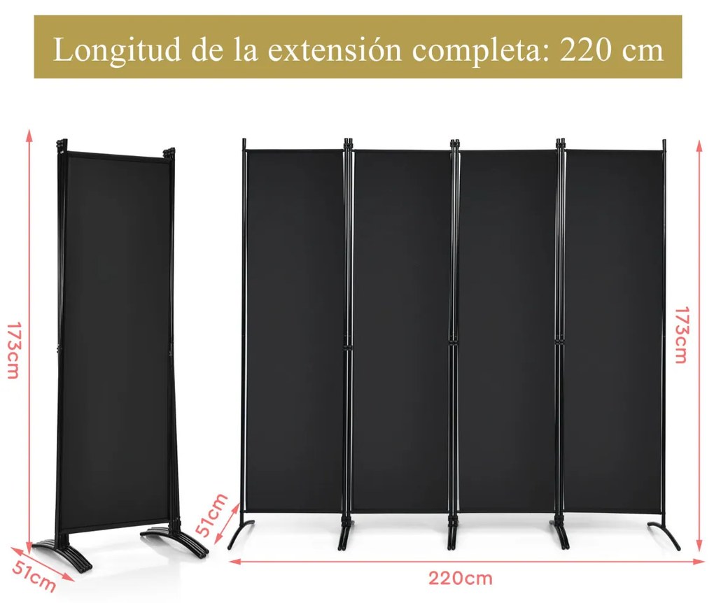 Biombo de 4 painéis Divisória de tecido dobrável Divisória de privacidade de pé 220 x 51 x 173 cm Preto