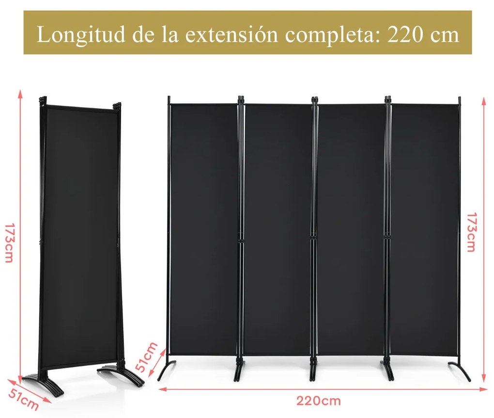 Biombo Divisória de 4 painéis de tecido dobrável Divisória de parede de fibra portátil Tela de privacidade de 220 x 51 x 173 cm Preto