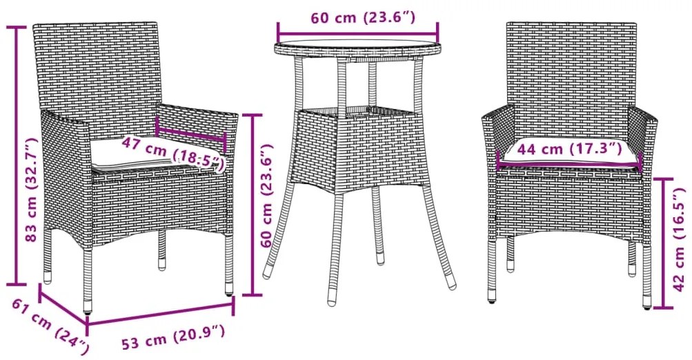 3 pcs conjunto jantar jardim c/ almofadões vime PE/acácia cinza