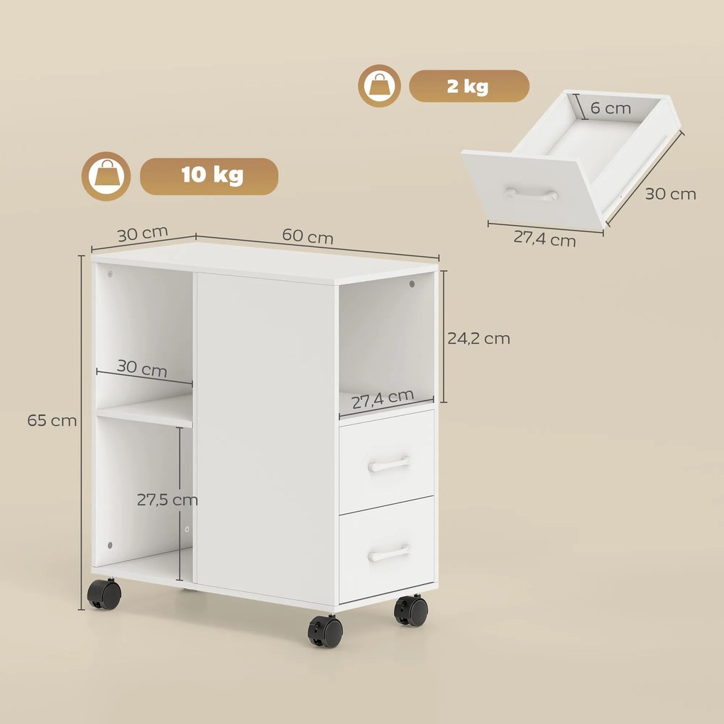Suporte para impressora 60 x 30 x 65 cm, móvel de arrumação com rodas, gavetas, prateleira ajustável e compartimento aberto, branco
