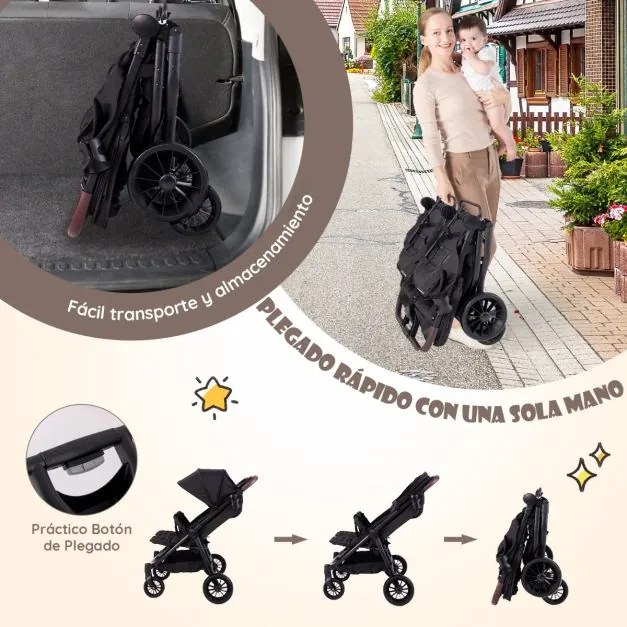 Carrinho de Bebé Duplo para Gémeos Dobrável com Um Botão Portátil Reclinável Encosto Toldo Ajustável 0-3 Anos Cinzento Escuro