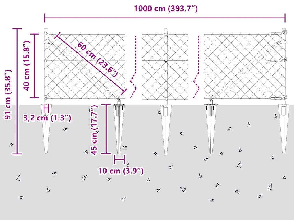 Cerca de Cadeia com 7 Postes de Espeto 0.4x10 m Aço Galvanizado