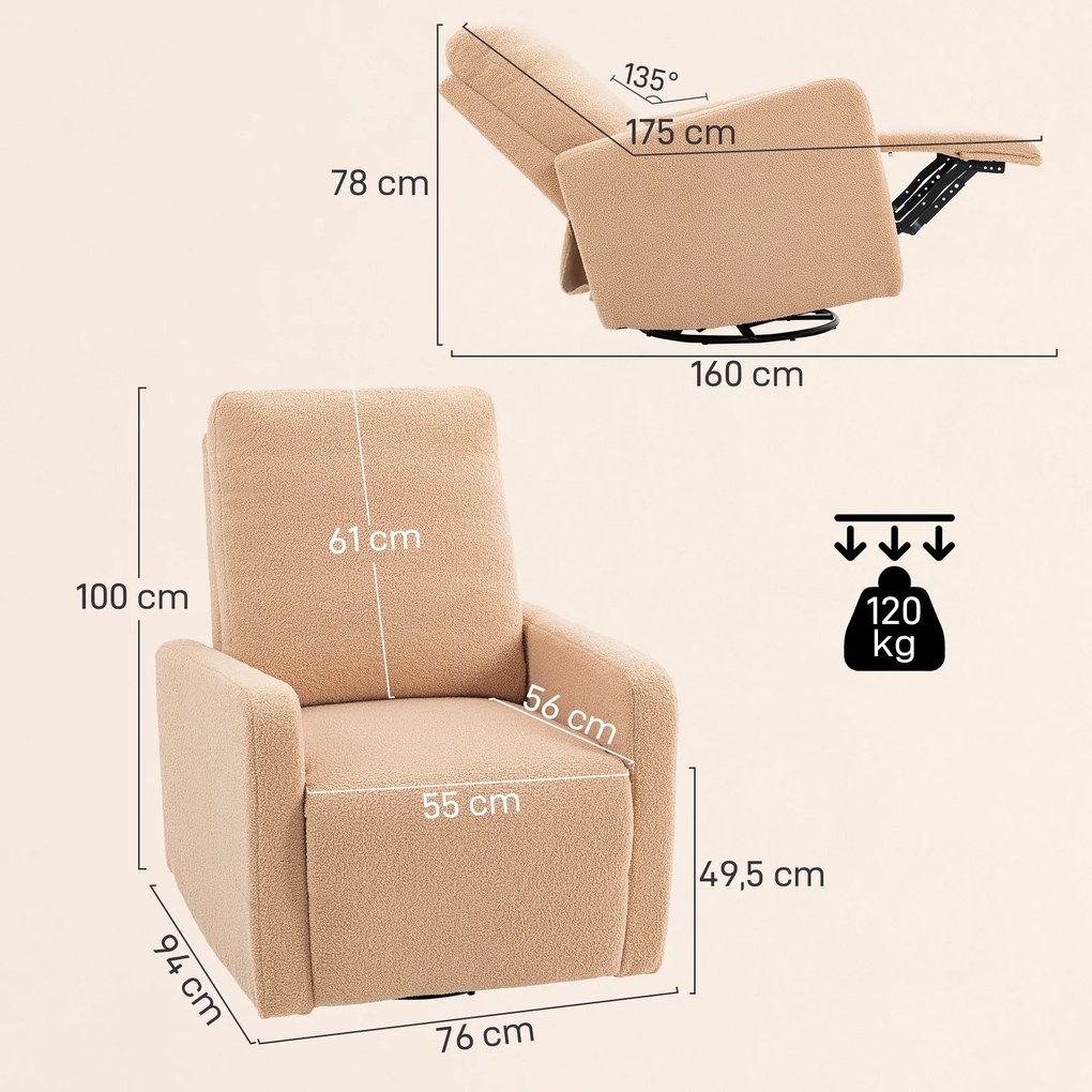 Poltrona Relax Reclinável Manual Poltrona Relax de Borreguito com Função de Baloiço 360° Reclinável até 135º 76x94x100 cm Castanho Claro