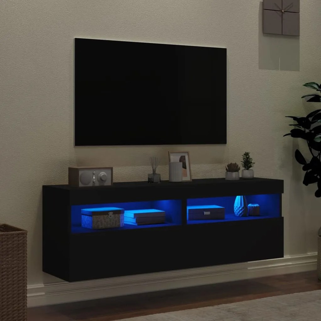 Móveis de parede p/ TV com luzes LED 2 pcs 60x30x40 cm preto