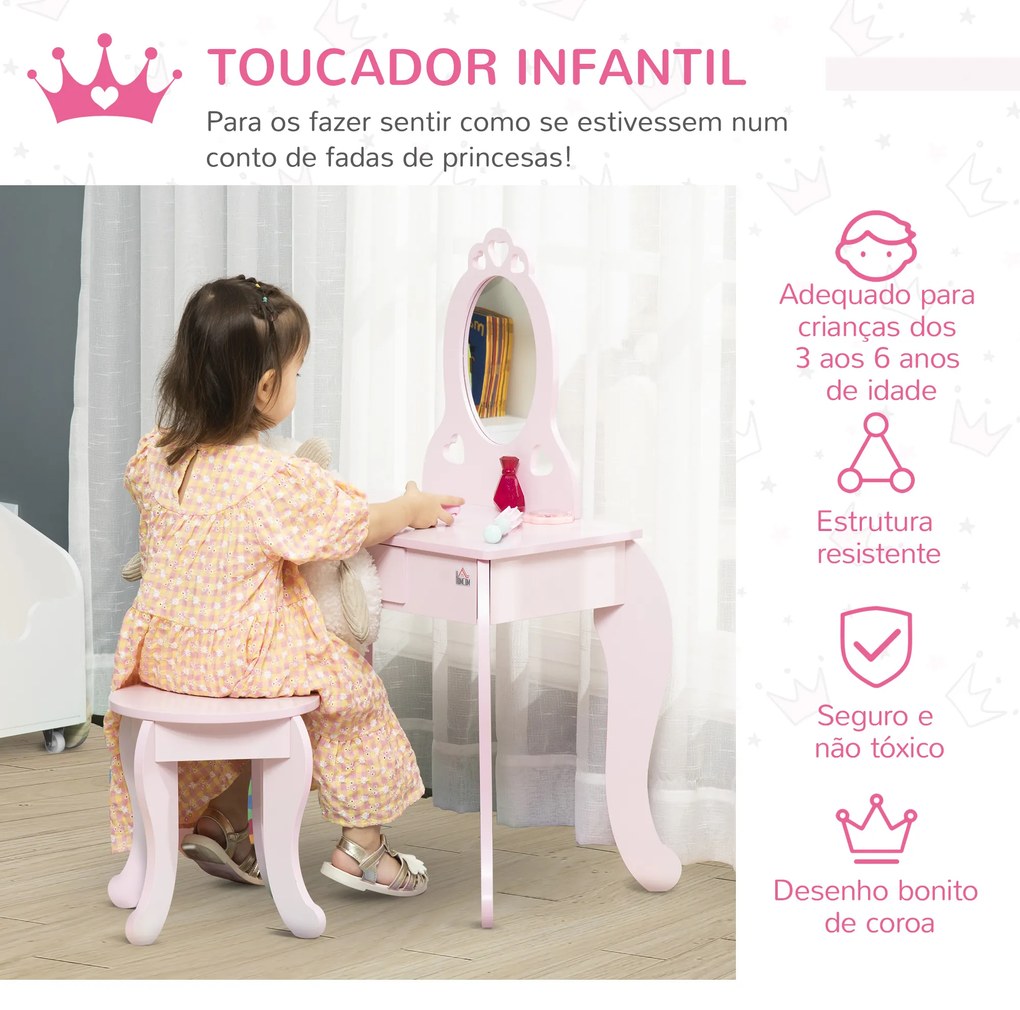 HOMCOM Toucador Infantil de Madeira para Crianças de 3-6 Anos com Banco e Espelho Estilo Princesa Mesa de Maquilhagem Infantil com Gaveta para Dormitório 60x36x88cm Rosa