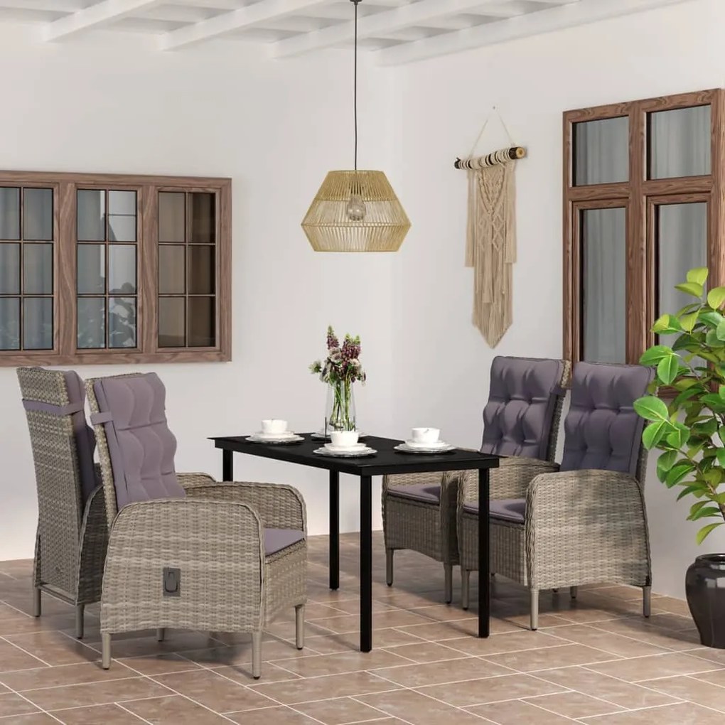 5 pcs conjunto de jantar jardim com almofadões cinzento/preto