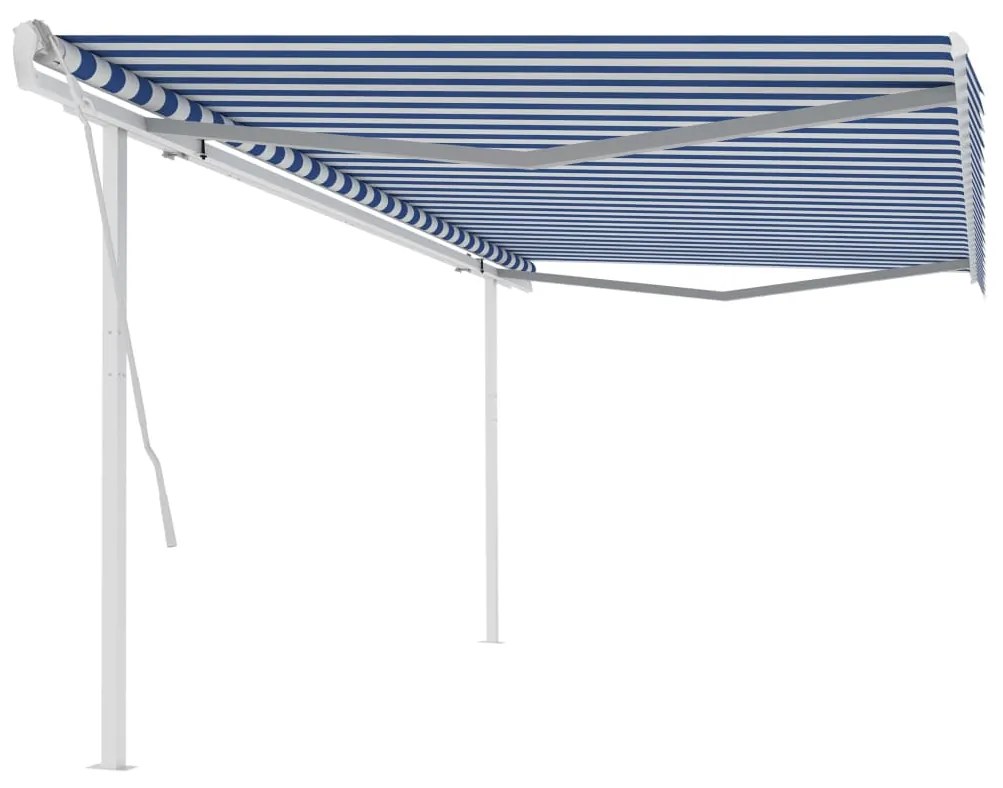vidaXL Toldo retrátil manual com postes 5x3,5 m azul e branco