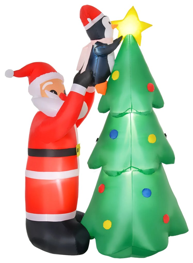 Árvore de Natal Inflável 184cm com Luzes LED Decoração de Natal Inflável com Pai natal e Pinguim para Festas Interiores e Exteriores 123x80x184cm Multicor