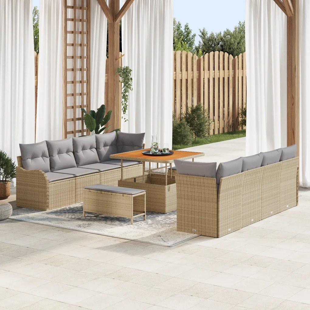 Conjunto de Sofá de Jardim vidaXL 11 Peças com Almofadas Bege Rattan P