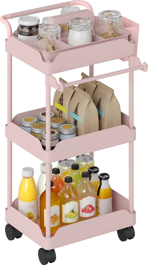 Carrinho Auxiliar com Rodas de 3 Níveis com Cestos Extraíveis Suporte para Toalhas e Estrutura de Metal 42x42,5x76 cm Rosa