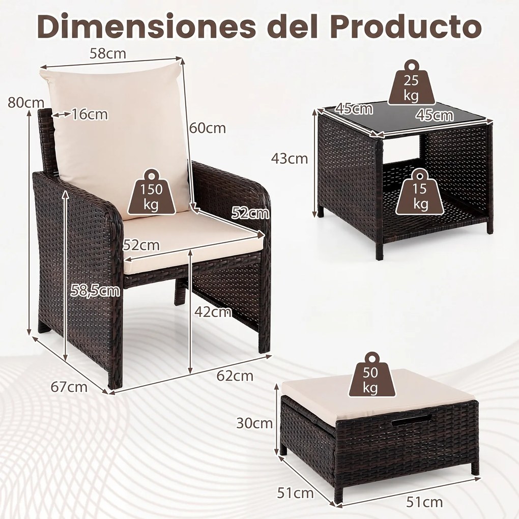 Conjunto de 5 Peças, 2 Cadeiras de Jardim, Mesa Auxiliar e 2 Apoios para os Pés, 45,5 x 45,5 x 43 cm, Almofadas de Alta Densidade, Bege