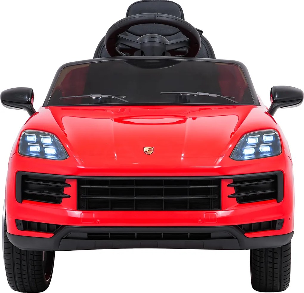 Carro elétrico para Crianças 2 a 5 anos 12V Porsche Cayenne, Rodas de espuma EVA, Controlo Remoto, assento Couro ecológico preto Vermelho