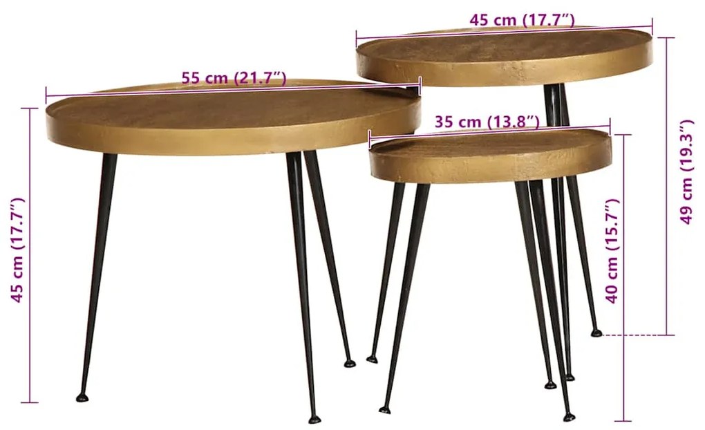 Mesas de centro 3 pcs derivados de madeira dourado