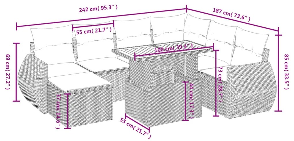 8 pcs conjunto de sofás p/ jardim com almofadões vime PE bege