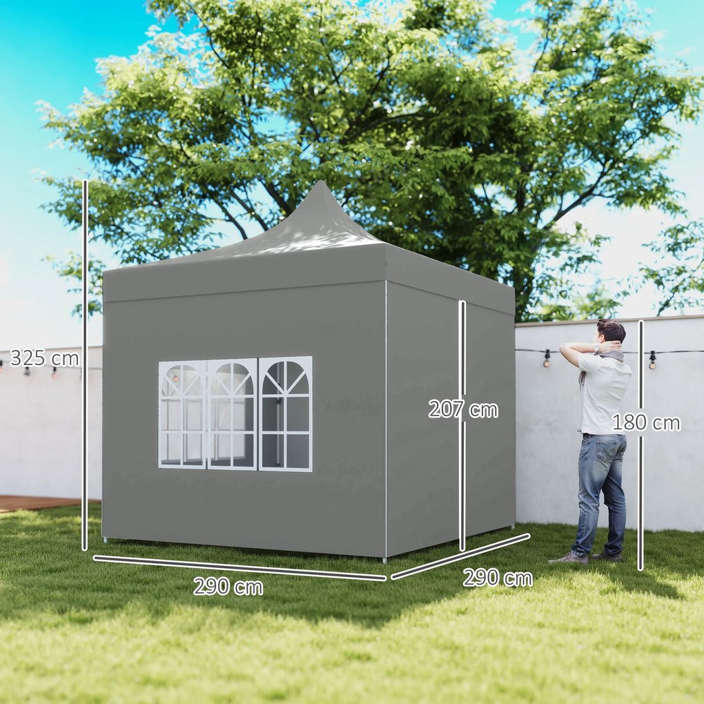 Tenda de jardim dobrável 3 x 3 m, 4 paredes laterais removíveis, 3 janelas, altura ajustável, saco de transporte cinzento