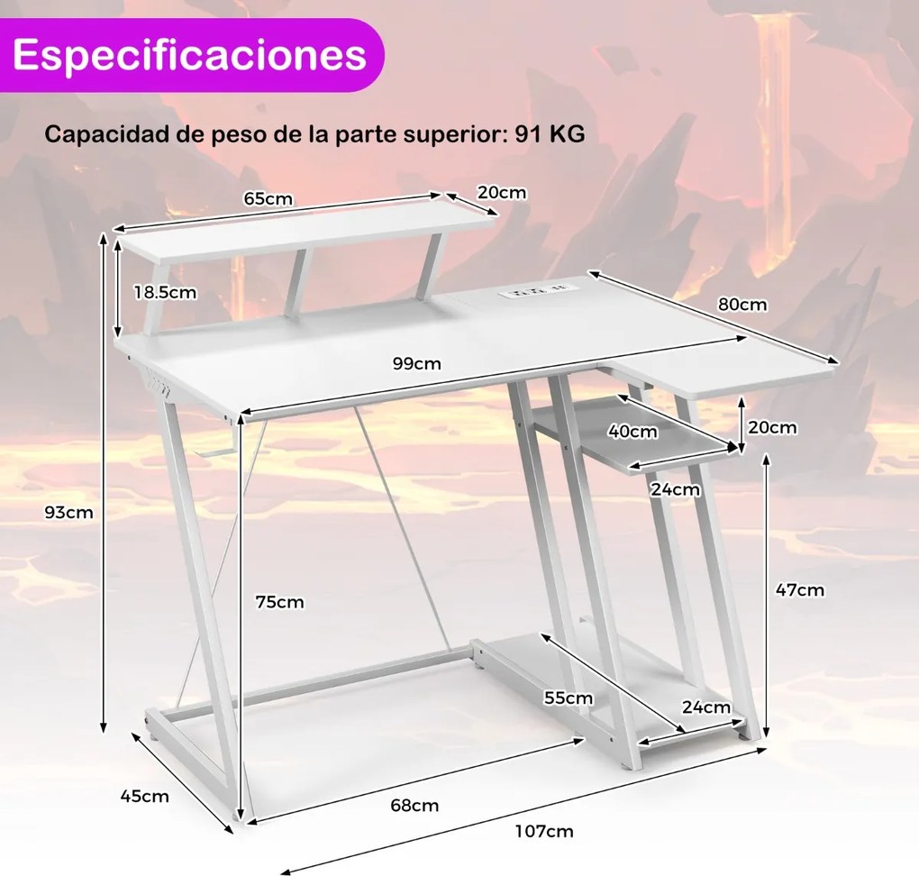 Secretaria computador em forma de L com tomadas eléctricas e Portas USB Gancho para auscultadores Estante para arrumação Branca