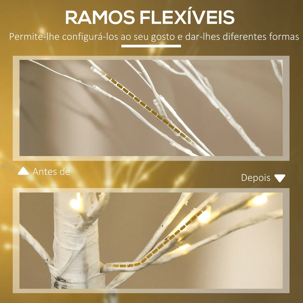 Árvore de Bétula Altura 150cm com 96 Luzes LED IP44 Branco Quente Ramos Flexíveis e Base de Candeeiro Árvore de Decoração de Natal para Interiores 22x